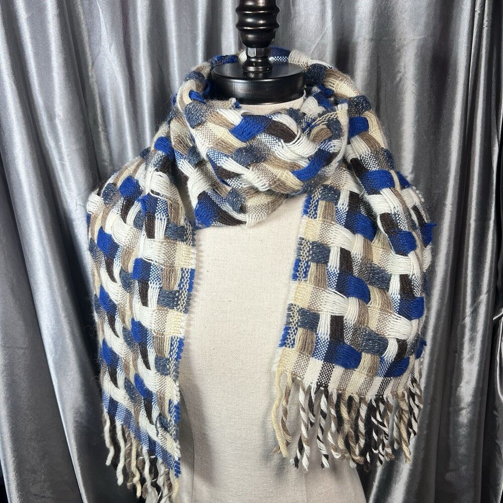 Italian Woven Lambswool Scarf Unisex 32”x9 Tassel Textured Blue Tan Fall Winter
